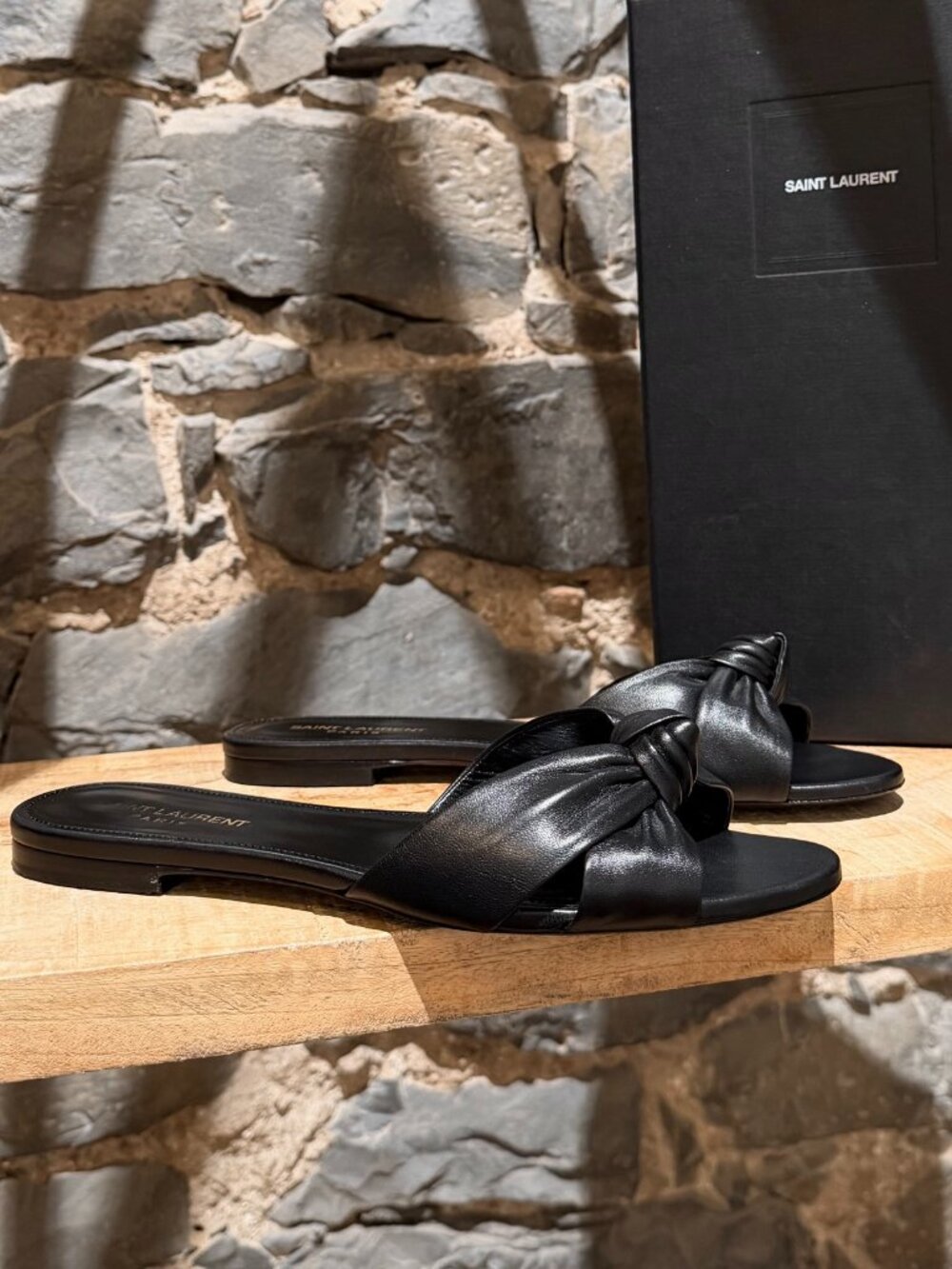 Saint Laurent Black Leather Bianca Knot Slide Sandals